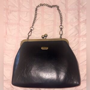 Vintage Abigail Black Leather Kiss-Lock Chain Shoulder Bag NEW